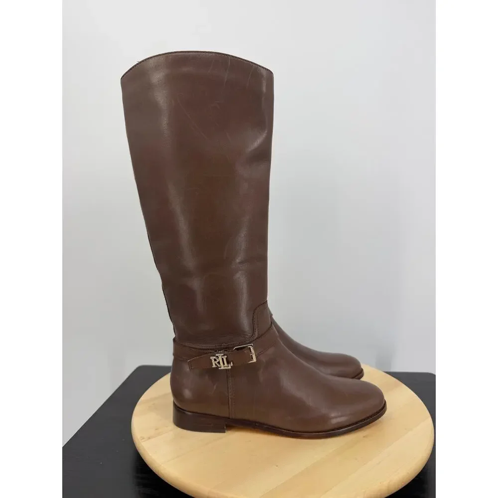 Ralph Lauren Womens Brooke Tall Riding Boots Size 7.5 Brown Leather Classic
